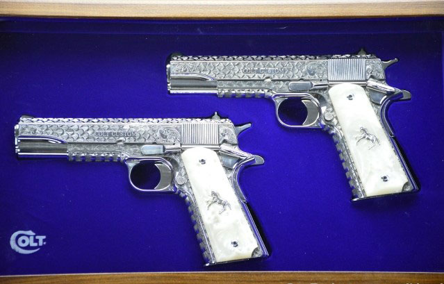 Pair of Hand Engraved Colt 1911 Customs in Brookfield Presentation Case
